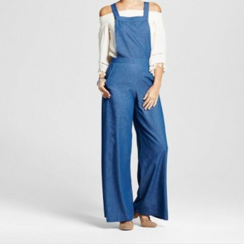 NWT Retro Design Folk Style Inspired Blue Denim Bib Overalls Adjustable Straps L